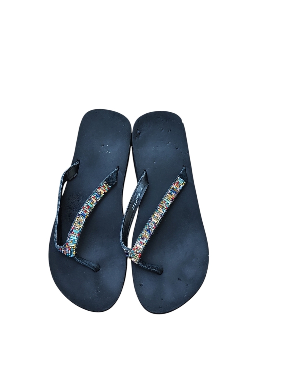 Yellow Box Black Flip Flop Sandals with Multicolor Gem Straps - Picture 2 of 3